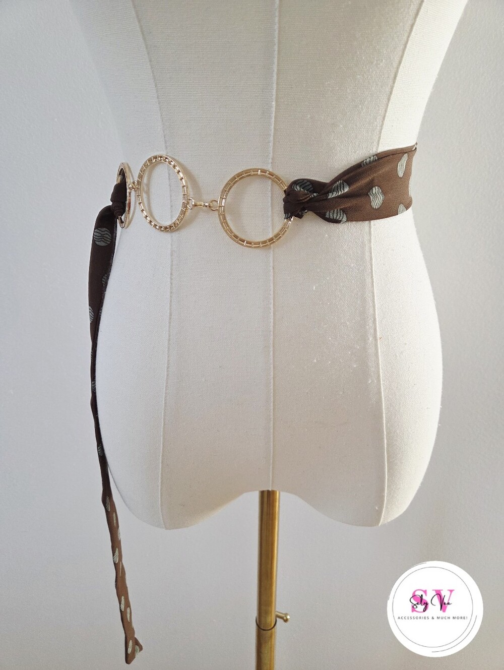Brown and mint green polka dot scarf belt with gold circular accents